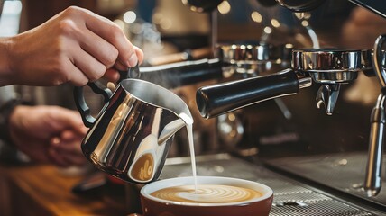 Naklejka premium Barista in Action: Pouring Steamed Milk into a Coffee Cup to Create Beautifully Layered Latte Art, Capturing the Essence of Coffee Culture