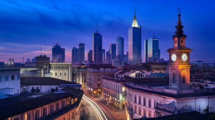 Fototapeta premium Captivating Cityscape: Stunning View of Modern Skyscrapers Against a Twilight Sky, Highlighting Urban Transformation and Architectural Beauty