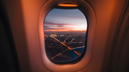 Breathtaking Aerial View: Capturing a Stunning Sunset Over a City Landscape Through an Airplane Window, Perfect for Travel and Adventure Themes