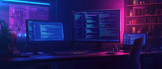 Obraz premium Minimalist dark room lit by computer screens with code , modern tech gadgets , and bookshelves against a detailed purple blue ambient lighting background