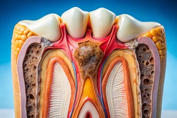 Detailed cross-section of a tooth showing advanced decay and infection, emphasizing root structure and surrounding gum tissue for enhanced medical education and dental awareness.