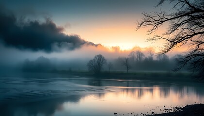 Fototapeta premium Mystical Dawn on Tranquil River with Morning Fog and Mist