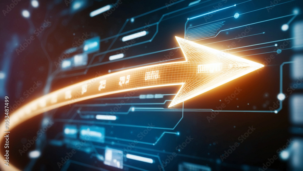Poster sharp close-up of glowing digital arrow representing data growth and movement in a futuristic digita