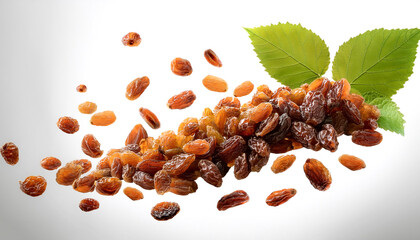 Obraz premium Raisins with leaves floating or flying isolated white background