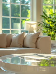 Naklejka premium Bright living room with a sofa and large windows.