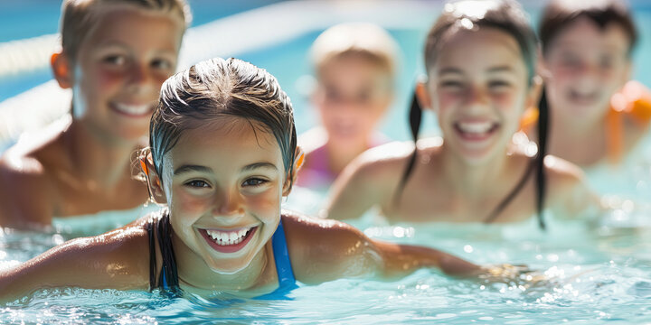 Group of school children attending swim lesson in the swimming pool.