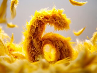 A close up of a yellow feather sculpture in the middle of a field