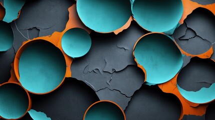 A striking composition of circles in turquoise and burnt orange, with dynamic, jagged edges creating an abstract, energetic flow across a matte dark gray backdrop.