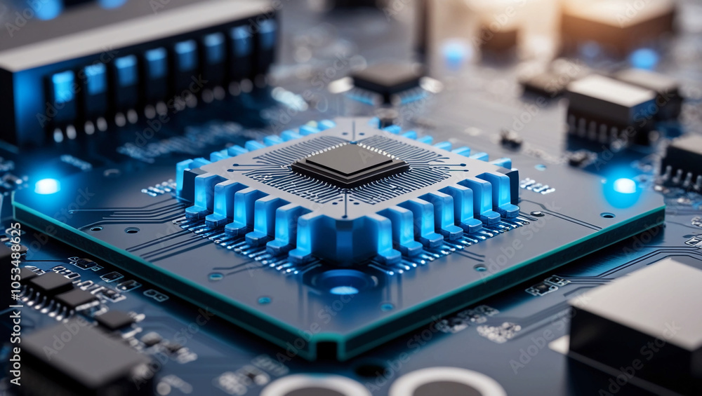 Poster close-up of high-tech circuit boards featuring microchips and detailed wiring for technology and ele