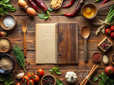 Elegant Blank Cookbook Template on Rustic Wooden Kitchen Background for Recipes and Cooking Instructions, Decorative Borders and Headers for Culinary Creativity