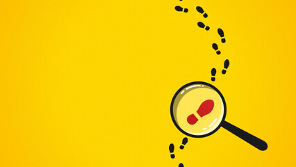 Flat illustration of magnifying glass and footprints. The concept of fact-finding by detectives, investigation, analysis, and collection of evidence information