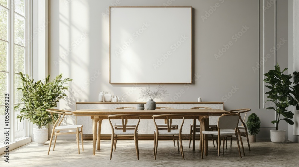 Poster serene dining room with an empty canvas above the sideboard