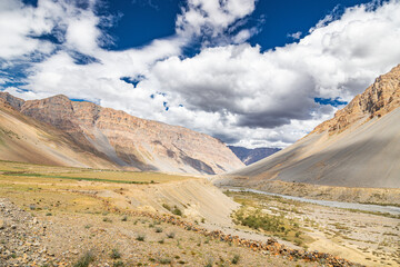 View of himalayan mountains and a spiti river from spiti valley in spiti, gramphu-batal-kaza road himachal pradesh, India.