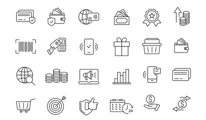 Money and finance line icons collection. Icons related to payment. Vector illustration