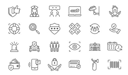 Safety icons . Medical, life, car, travel, house, money. Vector illustration