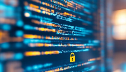 Cybersecurity Lock on Programming Code, Digital Security and Data Protection Concept.