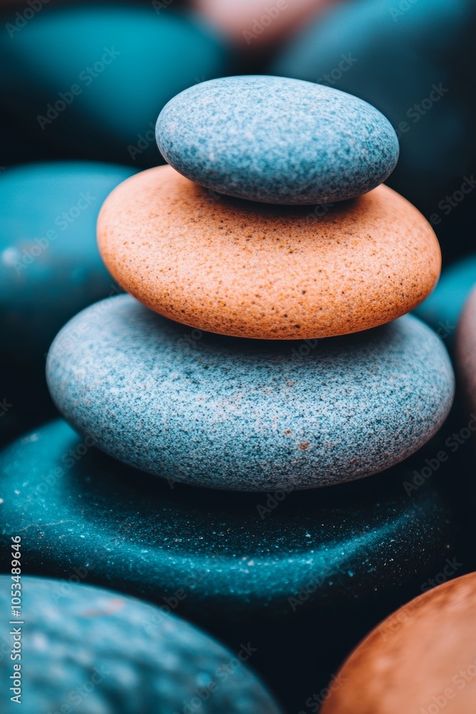 Poster three zen stones create balance on a blurred colorful background in vertical composition.