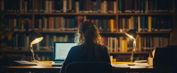 A student diligently studies at a desk in a quiet library, illuminated by warm desk lamps, with a laptop and books in front, creating a focused atmosphere late at night