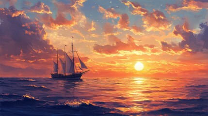 Fototapeta premium Sea sunset with a ship.
