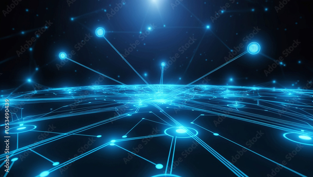 Poster network of glowing blue lines and dots, high-tech digital connections in a deep space-like setting