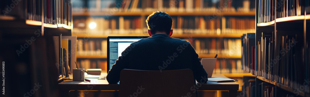 Poster a dedicated student sits at a desk in a library, focused on a laptop. shelves filled with books crea