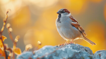 A sparrow perched on a stone against a backdrop of autumn foliage at sunset