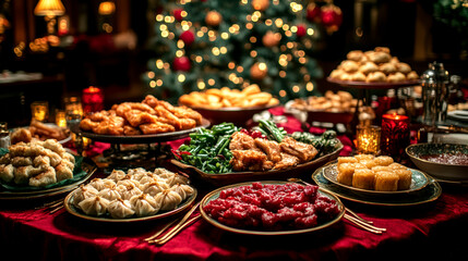 Traditional Chinese New Year Feast Table Displayed with Festive Decor Background