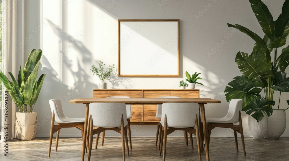 Poster serene dining room with an empty frame on the buffet