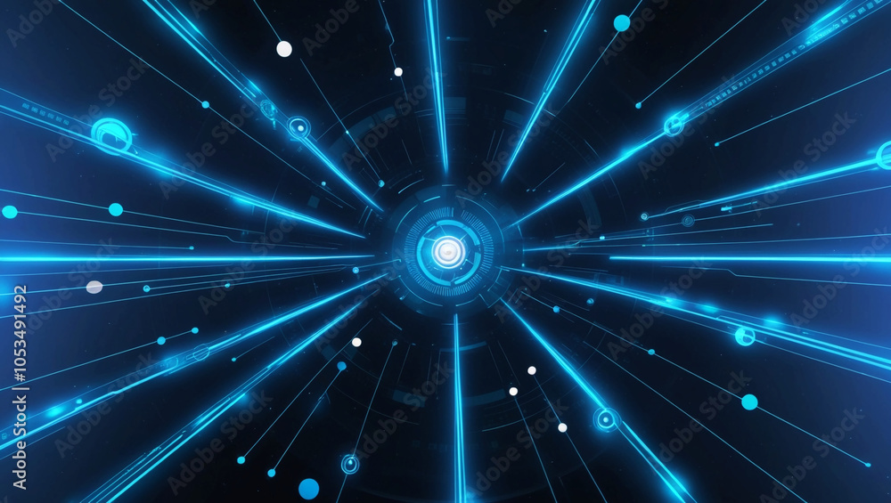 Poster network of glowing blue lines and dots, high-tech digital connections in a deep space-like setting