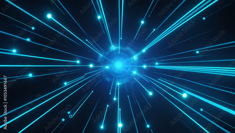 Poster network of glowing blue lines and dots, high-tech digital connections in a deep space-like setting