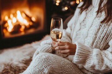 Woman relaxing by the fireplace holding glass of champagne during christmas holidays