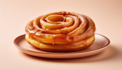 Fototapeta premium Golden Spiral Fried Dough Pastry Drizzled with Rich Caramel Sauce and Lightly Dusted with Powdered Sugar. Perfect for Seasonal Menus, Cozy Fall Breakfasts, or Decadent Dessert Displays