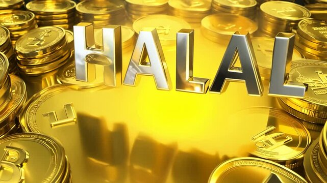 A pile of gold coins with the word "halal investments" written on top. Concept of wealth and prosperity, as well as the idea of investing in halal products