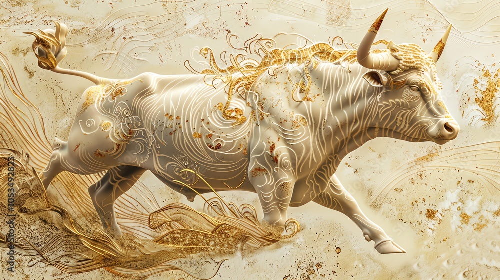 Poster a 3d rendering of a white bull with golden swirls running on a light brown background.