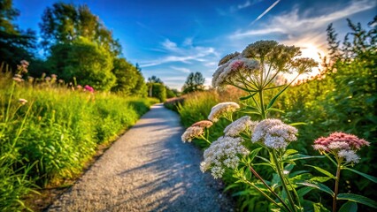 Obraz premium Wide-angle flower plant against path background