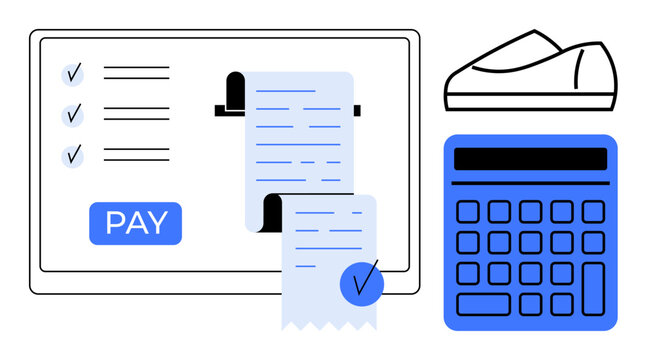 Digital receipts, calculator, card swiper, and pay button indicating online payment processing. Ideal for finance, ecommerce, business accounting, online transactions, digital receipts, budgeting