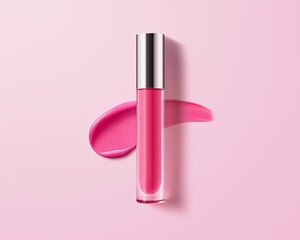 Lip gloss tube with metal lid on pink swatch. Mockup for liquid lipstick packaging, modern...