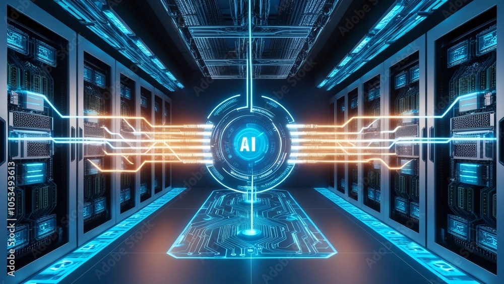 Poster abstract ai-generated futuristic server room with glowing data flows and interconnected circuits rep
