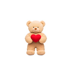 A teddy bear is holding a red heart isolated on white