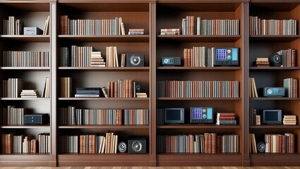  High-quality, wooden bookshelf filled with assorted books and multimedia equipment, symbolizing knowledge and technology in a sharp, unpixellated digital rendering