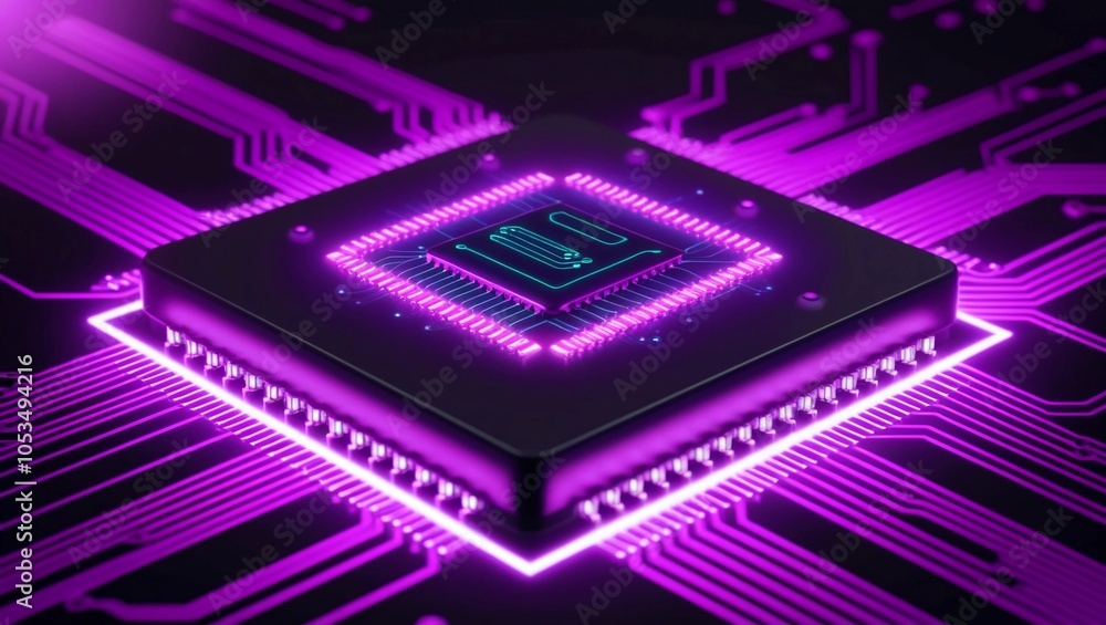 Poster a glowing microchip surrounded by intricate, illuminated circuitry, representing advanced computing 