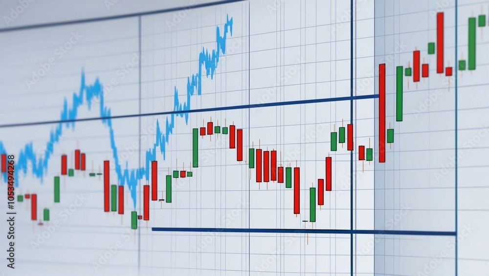 Poster a detailed stock market chart with rising and falling graphs, showcasing financial data and real-tim
