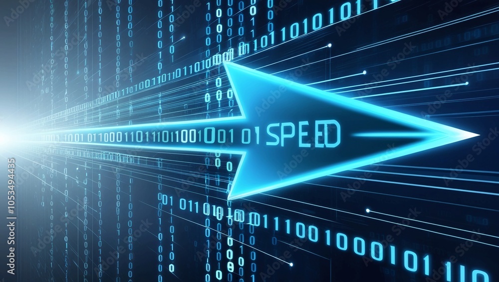 Poster high-speed digital arrow with binary data streams, representing the speed of technology and informat