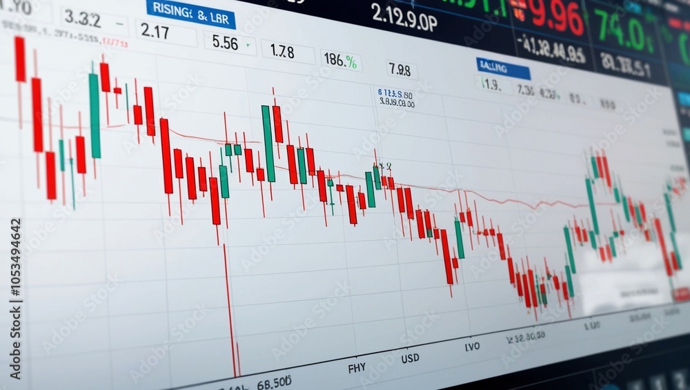 Poster a detailed stock market chart with rising and falling graphs, showcasing financial data and real-tim