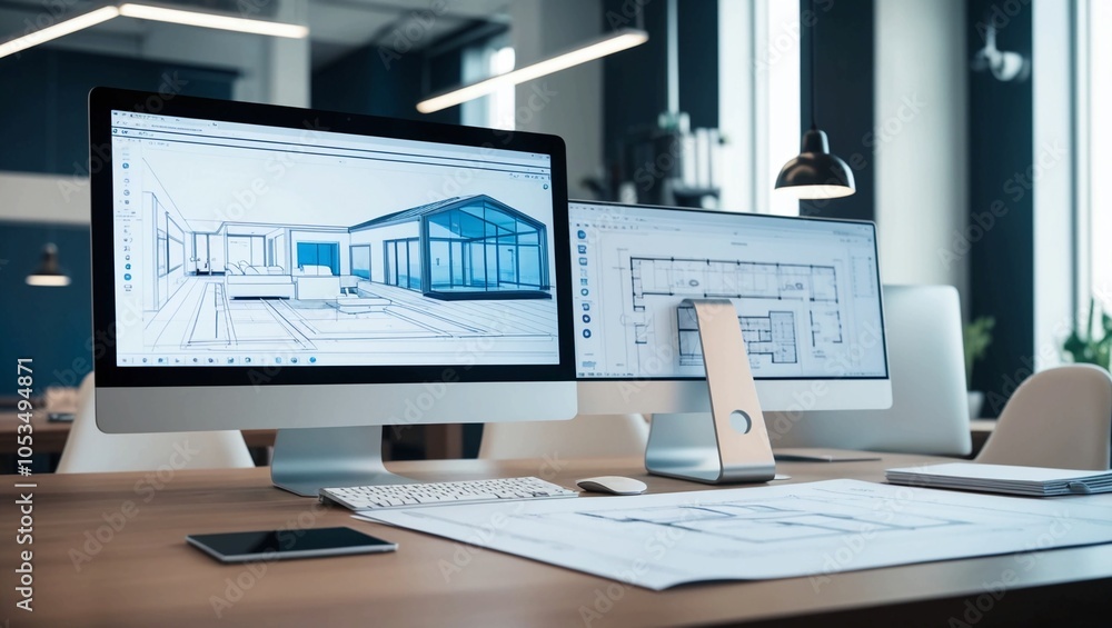 Poster futuristic workspace with a computer monitor displaying architectural blueprints, symbolizing modern