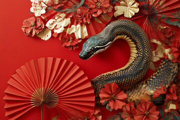 King rat snake slithering among red and gold paper fans and flowers for chinese new year