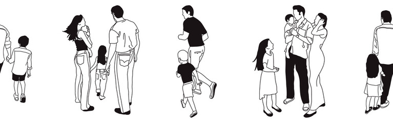 Hand-drawn doodle family border. Outline family clipart. Hand-drawn black art.