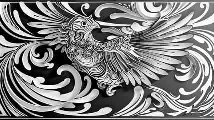 Fototapeta premium A black and white illustration of a bird in flight with ornate, swirling patterns and a 3D effect.