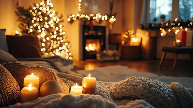 Candles glow on a cozy bed near a lit fireplace and Christmas tree