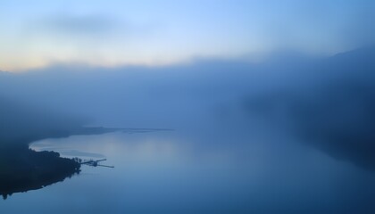 Obraz premium Peaceful River at Dawn with Fog and Ethereal Glow